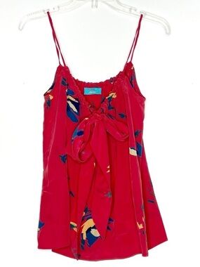 Anthropologie Silk Tank Top Womens Size 4 Red Floral Tie Front Cami